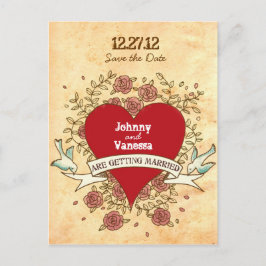 Postal De Anuncios Corazón bohemio, rosas, pájaros y boda con bandera
