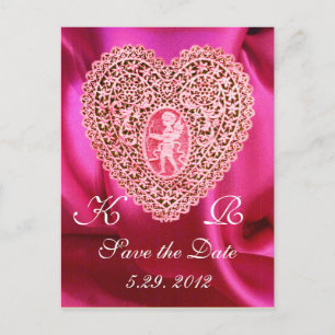 POSTAL DE ANUNCIOS CORAZÓN DE ENCAJE CUPIDO SED DE FUCHSIA ROSA ROJO