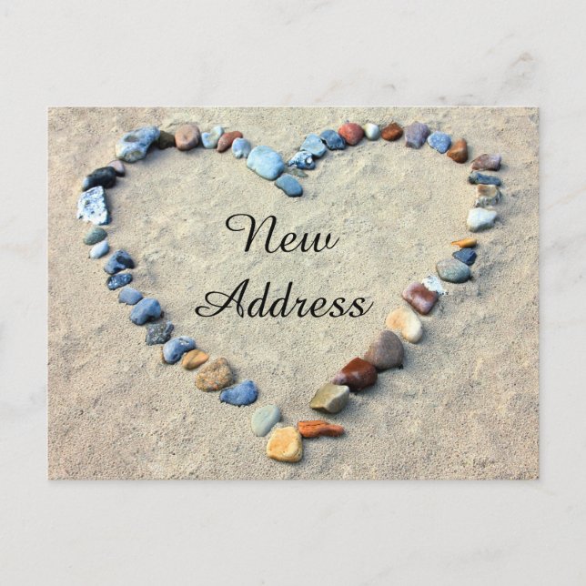Postal De Anuncios Corazón en Arena de Playa Nueva Dirección (Anverso)
