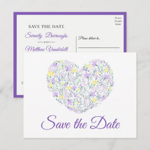 Postal De Anuncios Corazón Floral Aquarela Morada Fecha de Boda