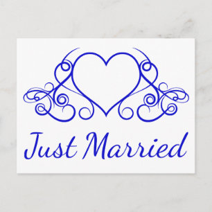 Postal De Anuncios Corazón Floral de Boda Azul Cobalto Recién Casados