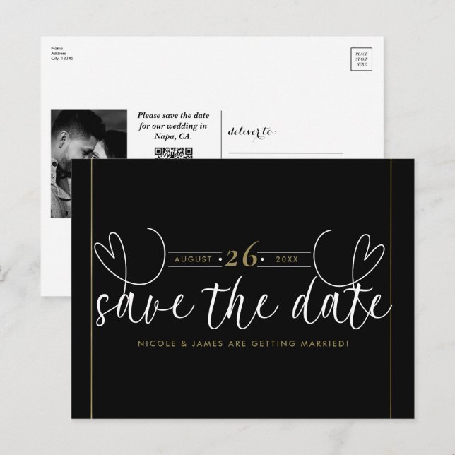 Postal De Anuncios Corazón Moderno Negro Blanco Chic Salvar la Fecha (Anverso / Reverso)