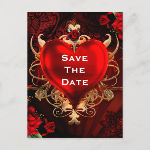 Postal De Anuncios Corazón Rojo y Dorado Gótico de Amor Boda Save the