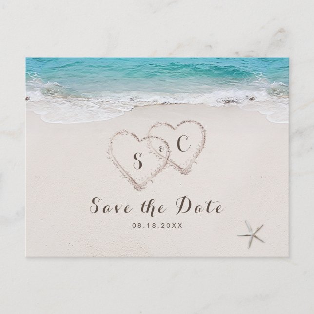 Postal De Anuncios Corazones en la playa guardan la fecha (Anverso)