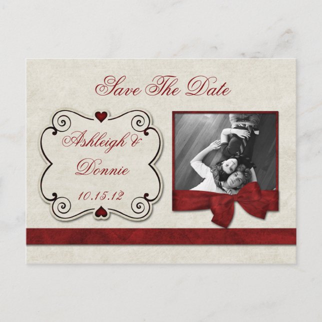 Postal De Anuncios Corazones Rojos Scrolls Ribbon Foto Save The Date (Anverso)