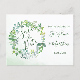 Postal De Anuncios Corona de Verde Foliado en Acuarela Save the Date