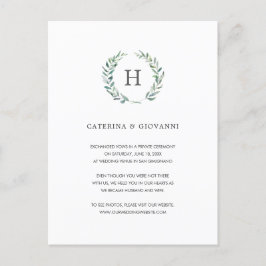 Postal De Anuncios Corona de Verdor Elegante Monograma Elopement Boda