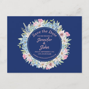 Postal De Anuncios Corona floral elegante azul para guardar la fecha