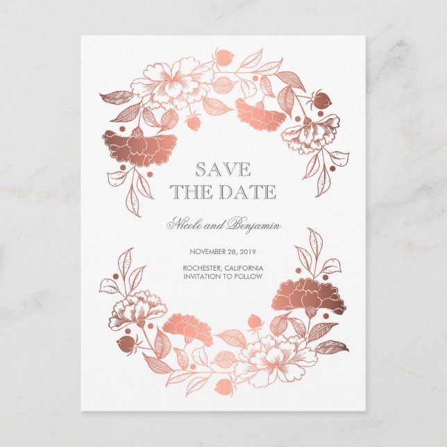 Postal De Anuncios Corona floral en Rose Gold | Peonías Save the Date (Anverso)