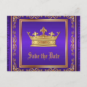 Postal De Anuncios Corona Real de Oro Púrpura Save the Date