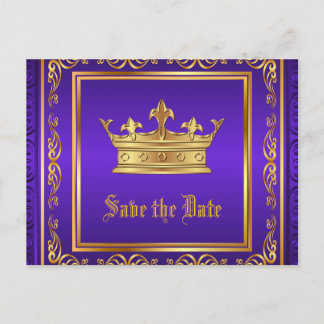 Postal De Anuncios Corona Real de Oro Púrpura Save the Date