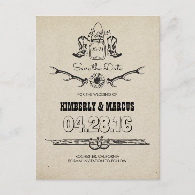 Postal De Anuncios Cowboy Boots Country Western Save the Date (Anverso)