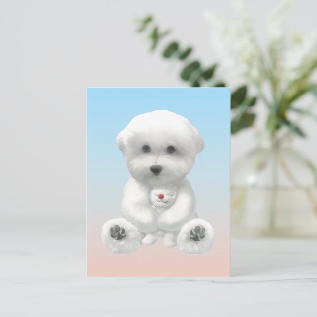 Postal De Anuncios Cozy Plush Moment: Smiling Bichon Hugging Mini Pup (Anverso de pie)