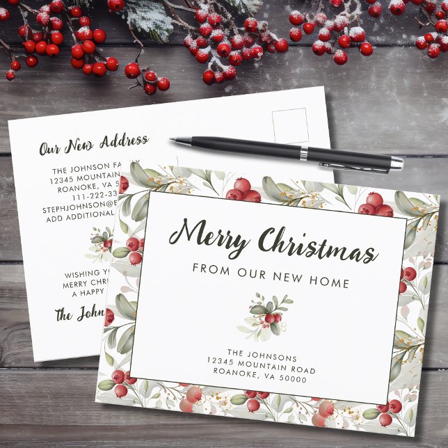 Postal De Anuncios Cranberries Rojos Guirnaldas de Navidad Hogar Nuev (Red Cranberries Christmas Greenery New Home Moving Announcement Postcard)