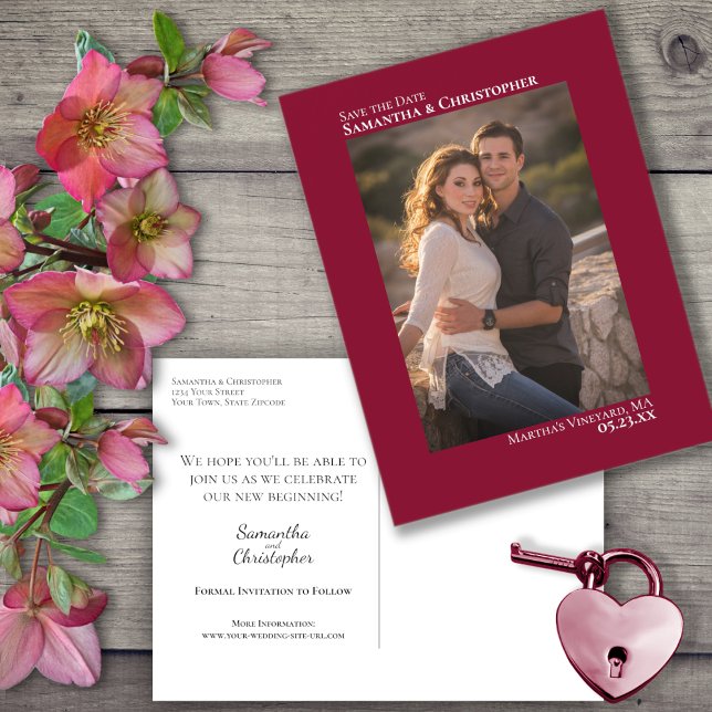 Postal De Anuncios Cranberry Red Minimal Photo Wedding Wedding Save t (Subido por el creador)