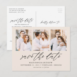 Postal De Anuncios Cream Elegant Script 3 Foto Collage Salva la Fecha