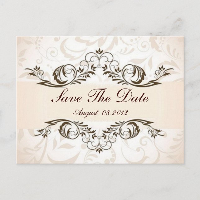 Postal De Anuncios Cream Floral Damask Wedding, guardar la fecha (Anverso)