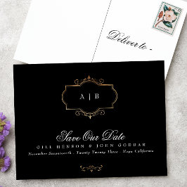 Postal De Anuncios cresta monograma negro blanco dorado Save The Date