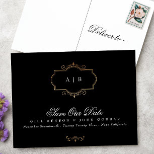 Postal De Anuncios cresta monograma negro blanco dorado Save The Date