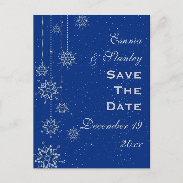 Postal De Anuncios Crystal copos de nieve boda azul Save the Date (Anverso)