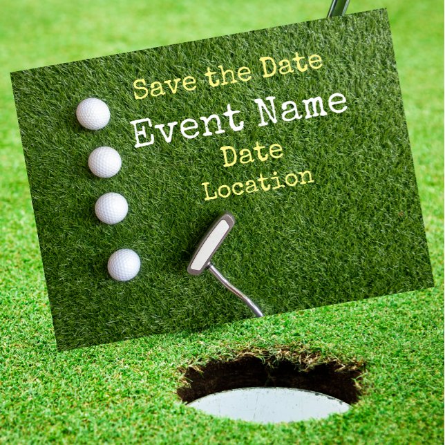 Postal De Anuncios Cuatro bolas de golf con putter Save the Date (Subido por el creador)