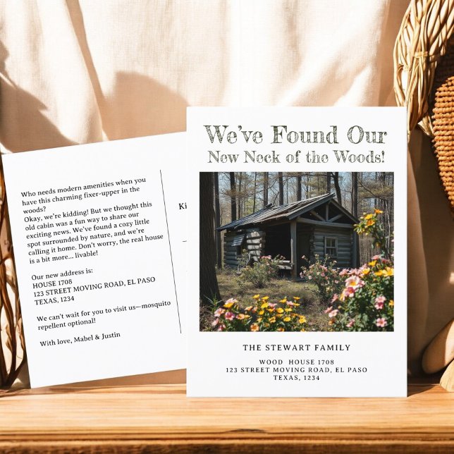 Postal De Anuncios Cuello del bosque foto nueva dirección casa en mov (Neck of the woods photo new address home moving announcement postcard)