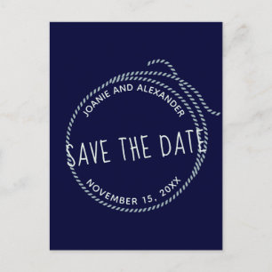 Postal De Anuncios Cuerda náutica azul marino para boda Save the Date