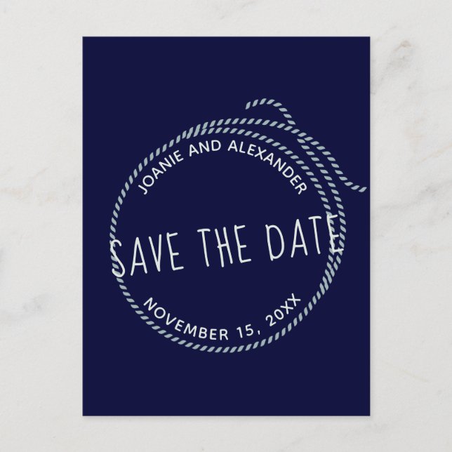 Postal De Anuncios Cuerda náutica azul marino para boda Save the Date (Anverso)