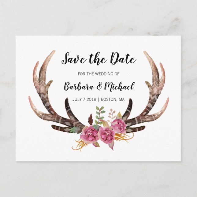 Postal De Anuncios Cuerno de Acuarela Save the Date Boda de Campo (Anverso)