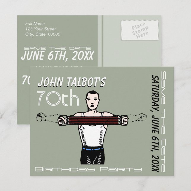 Postal De Anuncios Cuerpo Retro Bodybuilding 70 Cumpleaños Guardar la (Anverso / Reverso)