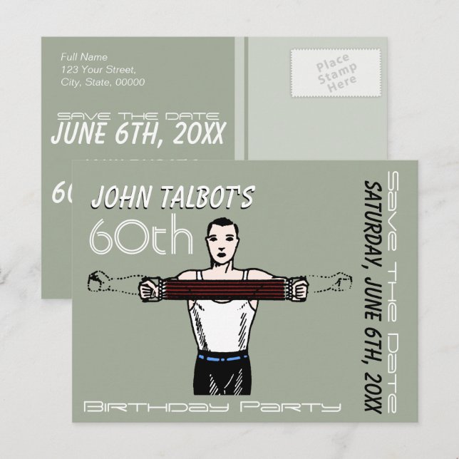 Postal De Anuncios Cuerpo Retro Bodybuilding Cumpleaños 60 Guardar la (Anverso / Reverso)
