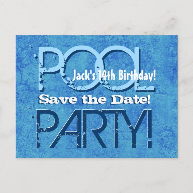 Postal De Anuncios Cumpleaños 14 Fiesta de Piscina Guardar la Fecha V (Anverso)