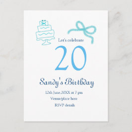 Postal De Anuncios Cumpleaños 20 azul lazo pastel nombre fecha retro