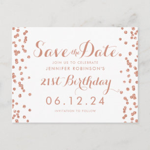 Postal De Anuncios Cumpleaños 21 Rose Gold Confetti para Guardar la F