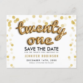 Postal De Anuncios Cumpleaños 21 Save The Date Globos Dorados Brillan