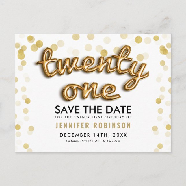 Postal De Anuncios Cumpleaños 21 Save The Date Globos Dorados Brillan (Anverso)
