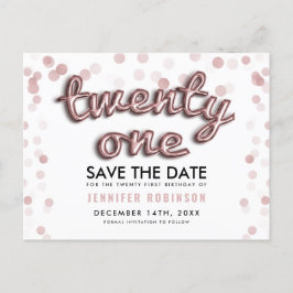 Postal De Anuncios Cumpleaños 21 Save The Date Globos Rosa Dorado