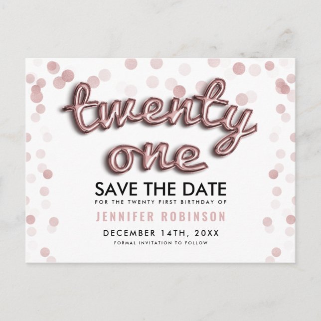 Postal De Anuncios Cumpleaños 21 Save The Date Globos Rosa Dorado (Anverso)