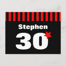 Postal De Anuncios Cumpleaños 30 Rojo Negro Rayas y Estrella R12Z