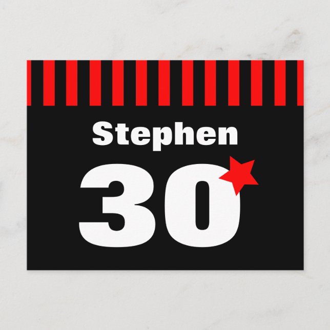 Postal De Anuncios Cumpleaños 30 Rojo Negro Rayas y Estrella R12Z (Anverso)