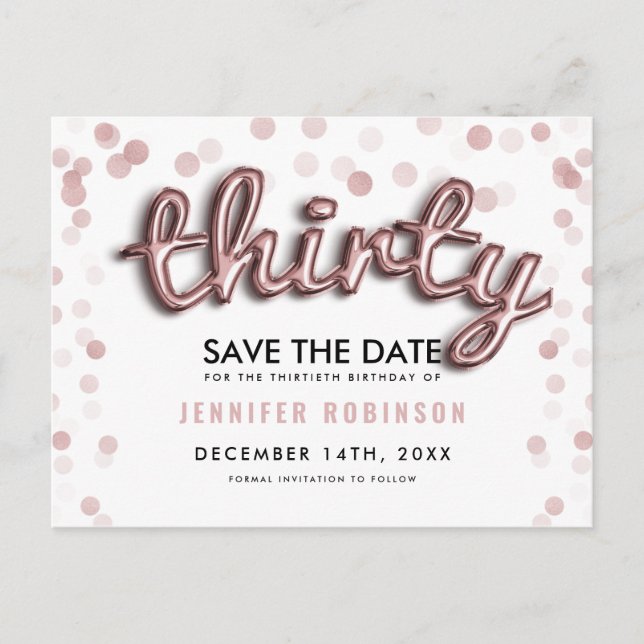 Postal De Anuncios Cumpleaños 30 Save The Date Globos de Oro Rosa (Anverso)