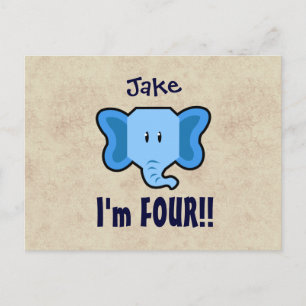 Postal De Anuncios Cumpleaños 4 Cara de Elefante Azul Lindo para NIÑO