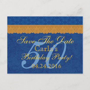 Postal De Anuncios Cumpleaños 50 Anunciar Fecha Azul y Dorado Encaje