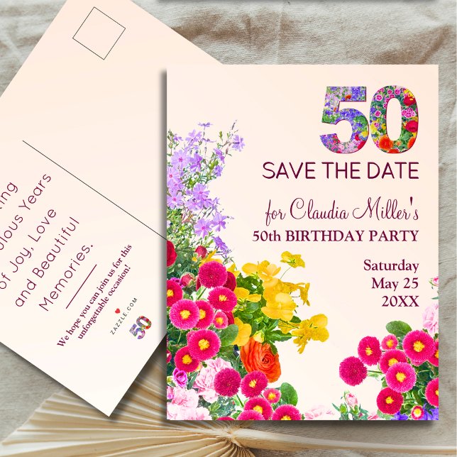 Postal De Anuncios Cumpleaños 50 floral moderno fiesta 50 años (Subido por el creador)