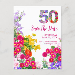 Postal De Anuncios Cumpleaños 50 Floral Moderno Salva la Fecha