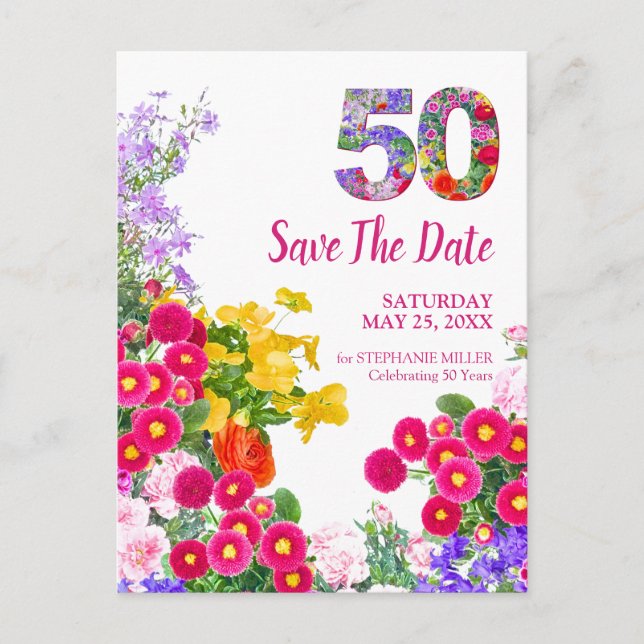 Postal De Anuncios Cumpleaños 50 Floral Moderno Salva la Fecha (Anverso)
