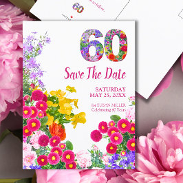 Postal De Anuncios Cumpleaños 60 con diseño floral – Jardín colorido