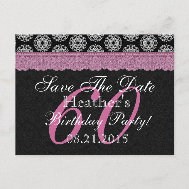Postal De Anuncios Cumpleaños 60 Save the Date Negro Blanco Rosa (Anverso)