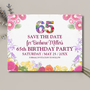 Postal De Anuncios Cumpleaños 65 Guardar la Fecha, Floral Blush Bloom