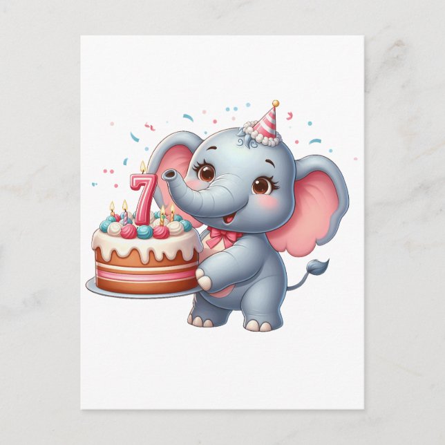 Postal De Anuncios Cumpleaños 7 de elefante lindo (Anverso)